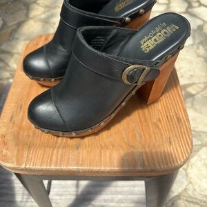 Jeffrey Campbell Black Leather Mules with Wooden Heel